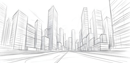 Obraz premium Hand drawn sketch of modern city buildings showcases towering skyscrapers and intricate architectural lines, evoking sense of urban life and creativity