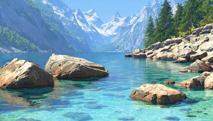 Serene alpine lake with crystal clear turquoise waters, rocky shoreline, and snow-capped mountains in the distance, framed by lush evergreen trees and a bright blue sky