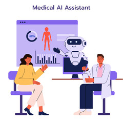 Artificial Intelligence medical assistant concept. Doctor and AI robot diagnose and provide healthcare consultations to beautiful woman patients. Flat vector Illustration.