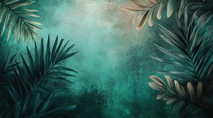 Teal textured backdrop with tropical foliage