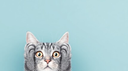 Gray tabby cat with paws on head against light blue background gray cat