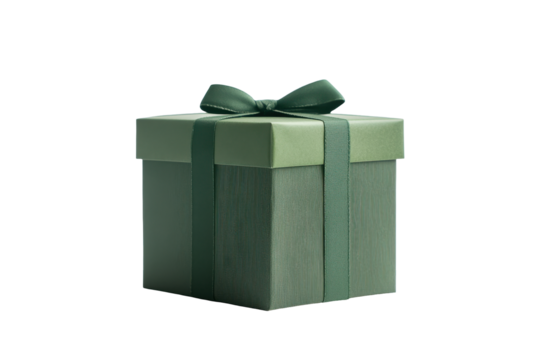 Elegant green gift box with gold ribbon isolated on transparent background. Green gift box isolated on white background.