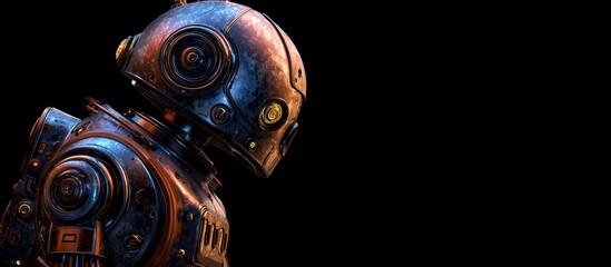 A detailed side profile view of a steampunk style robot with a dark background