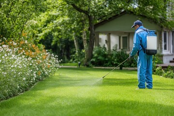 Worker applies pest control spray on vibrant greenery in a residential garden during daylight hours