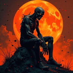 Halloween banner. Terrible Zombie in torn clothes sitting on the ground. Zombie on big orange moon background. Perfect Hunting Night party poster card cover print. Horror Halloween concept layout