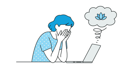 Minimal icon of stressed user seeking mental clarity, showing lotus flower reflection amid digital overwhelm at workspace.