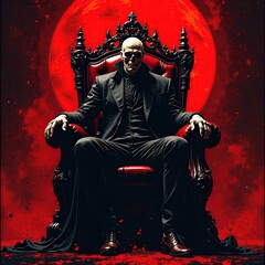 Halloween poster with demon in black suit on the throne. Grand vampire on the throne on red bloody moon background. Ideal panic room wall poater decor theme. 