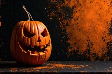 Halloween banner with jack-o-lantern and empty space for text. Scary face jack pumpkin on black and orange grunge background. Minimal style Halloween placard banner with copy space.  