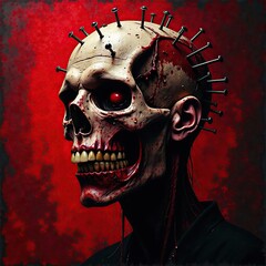 Horror monster with blood-red eyes and nails in its head. Perfect horror theme for fear room wall poster card design. Dead terrible person skull on modern grunge red and black background