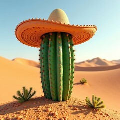 Mexican Summer poster. Summer postage stamp with cactus in sombrero on desert dunes background. Minimal Summer inrerior room wall poster card placard cover print. 