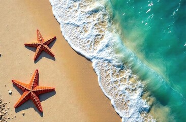 Summer banner with empty space for text. Paradise theme with ocean wave starfish and sand. Maldives beach background. Ideal travel agency ads branding banner placard layout. Summer Sale template 
