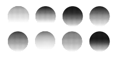 Set of abstract halftone gradient circles with black dot pattern. Pop art style element. Modern retro texture for vintage design