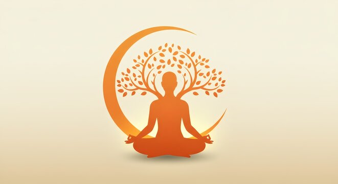 A person in a yoga pose is depicted as a tree of life within a crescent moon