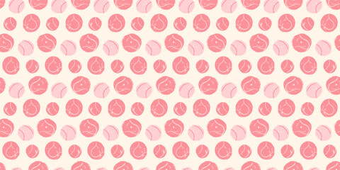Tennis balls girly coquette seamless pattern. Dynamic pink padel tennis ball endless background. Sport repeat cover. Fitness hobby continuous ornament female activity. Vector hand drawn illustration.