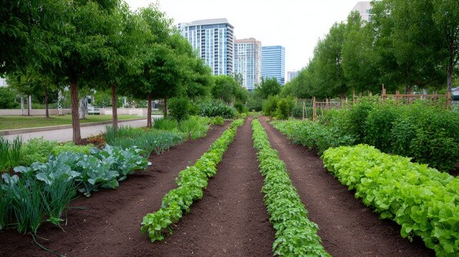 Lush urban garden featuring rows of vibrant vegetables and greenery, surrounded by modern buildings, showcasing sustainable city living and agriculture