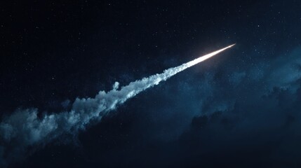 A fiery trail marks the ascent of a rocket through a dark, star-speckled sky