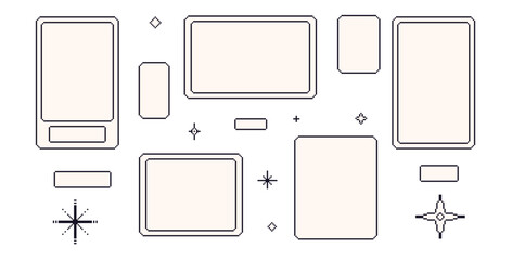 Pixel art frames set. 8 bit geometric borders. Rectangle text boxes in retro 90s isolated on white background. Digital blanks with decoration. Vector collection illustration.