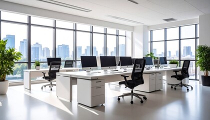 Modern Office Interior with Glass Wall and Skyscraper City View