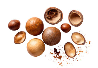 Macadamia nuts scattered, some broken open, on dark background