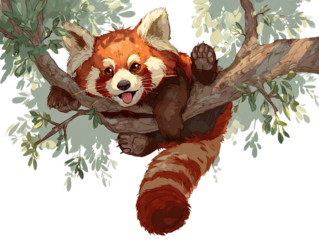 Playful Red Panda Hanging from a Tree Branch, Upside Down, Isolated on Transparent Background