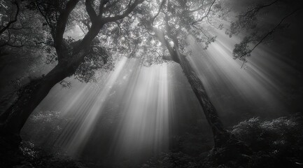 Sunlight streams through misty forest canopy (2)