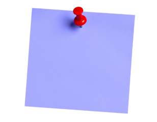 Purple sticky post-it note with red pushpin isolated on transparent background