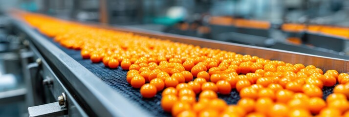 Bright orange balls on a conveyor belt in a processing facility during fruit packing operation