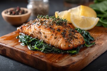 Grilled salmon fillet served on a bed of fresh spinach with lemon slices and herbs enhances a nutritious meal presentation