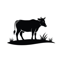 Silhouette of a cow walking peacefully across a grassy field on a clean white background