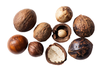 Assorted nuts, various stages of husk removal, top-down view