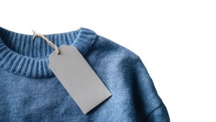Close-up of a light-blue sweater with a blank price tag