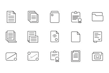 Simple line document icons representing file types folders and data management tools suitable for user interface design and presentations