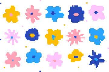 Naklejka premium Pixel flower set. Doodle floral elements collection