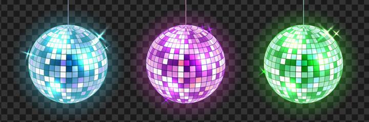Disco ball blue, purple and green illustration set. Bright glowing party decorations isolated on transparent background. 3d spherical mirror