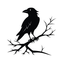 Silhouette of a crow perched on a broken branch during a storm