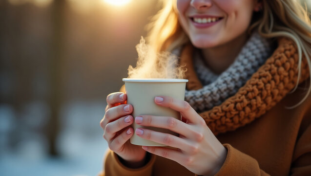 Steam rising from first hot drink outside in cool weather, cozy scarf in background.