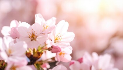 Fototapeta premium Cherry Blossom: A close-up captures delicate cherry blossoms in full bloom, their soft pink petals dancing gracefully against a blurred backdrop of sunlight, evoking a sense of peace and renewal.