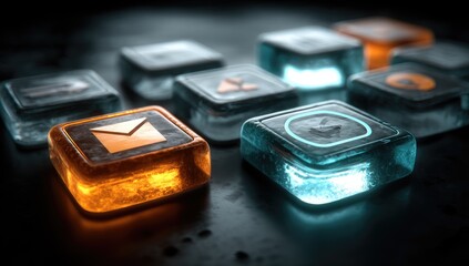 Frozen digital buttons glow with colorful light