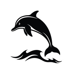 Dynamic dolphin leaping gracefully through stylized ocean waves silhouette art