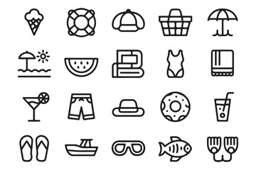 Summer Beach Holiday Icons Set in Black Outline Style Vector Illustration Design © md