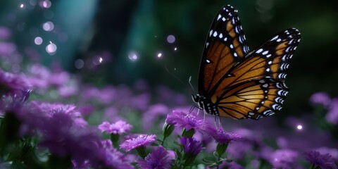 Monarch butterfly resting on vibrant flowers in a sunlit garden during springtime