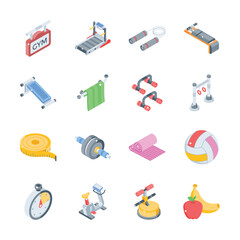 Well designed collection of fitness and workout tools isometric icons