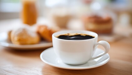 Cozy Breakfast. A white cup of black coffee sits on a saucer, foregrounded against a blurred backdrop of pastries, juice, and a bright window, all resting on a light wooden surface