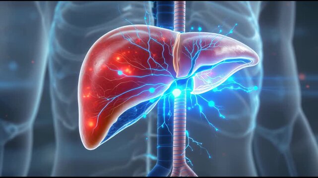 Dynamic 3D medical animation illustrating the human liver's intricate functions with glowing energy and cellular processes