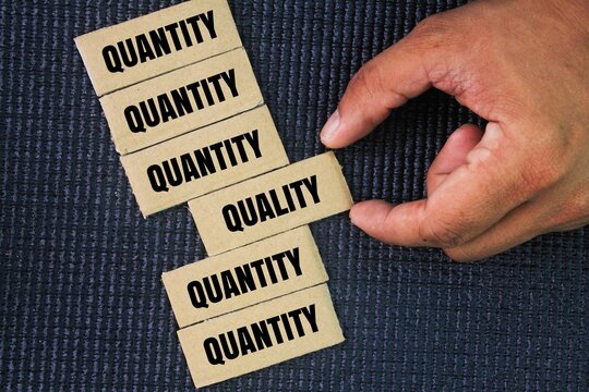 Two words quality and quantity. chosen quality. Quality is a measure of excellence, and quantity is a countable measure of items.