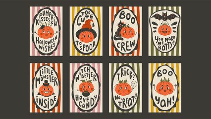 Naklejka premium Cute Halloween Poster set with Pumpkin and Funny Phrase. Hand drawn vintage greeting card collection with adorable spooky squash characters and quotes. Vector illustration in flat style