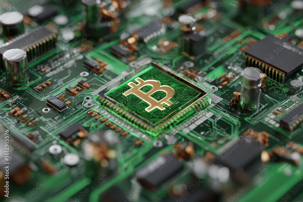 Poster exploring blockchain technology through a detailed view of a green printed circuit board featuring a