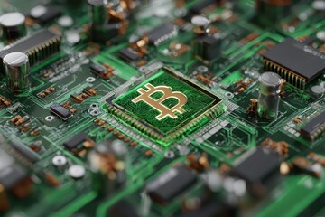 Exploring blockchain technology through a detailed view of a green printed circuit board featuring a cryptocurrency symbol