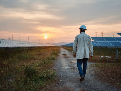 Engineer walks through solar farm at sunset on dirt path
