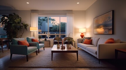 elegant living room, modern furniture, large windows, cozy atmosphere, warm lighting, contemporary artwork, stylish decor, sophisticated design, tlranquil ambiance, inviting space, luxurious interior
